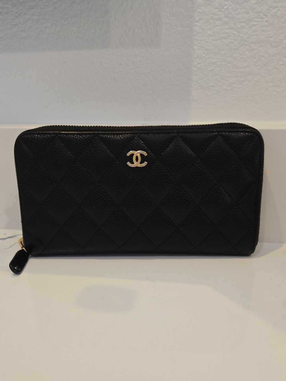 CHANEL Black Caviar Leather Quilted Zip-Around Wallet with CC Logo, GUC